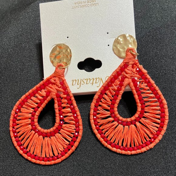 Natasha Orange Woven/Red Beaded Bohemian Dangling Earrings - Picture 6 of 6